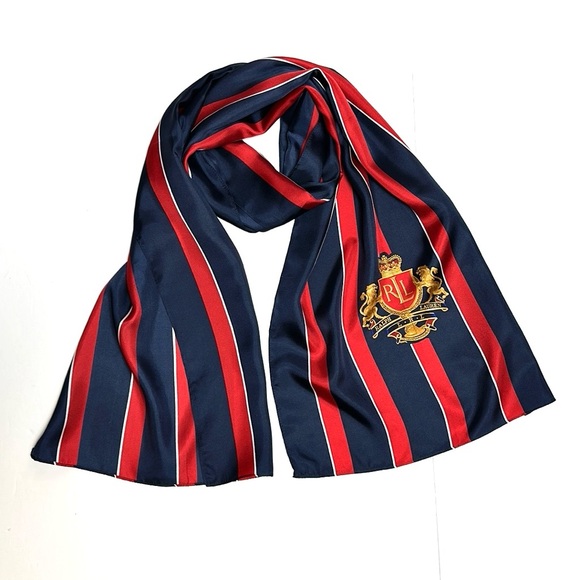 Lauren Ralph Lauren Crest Logo Silk Oblong Scarf Red Blue Striped Unisex - Picture 1 of 6